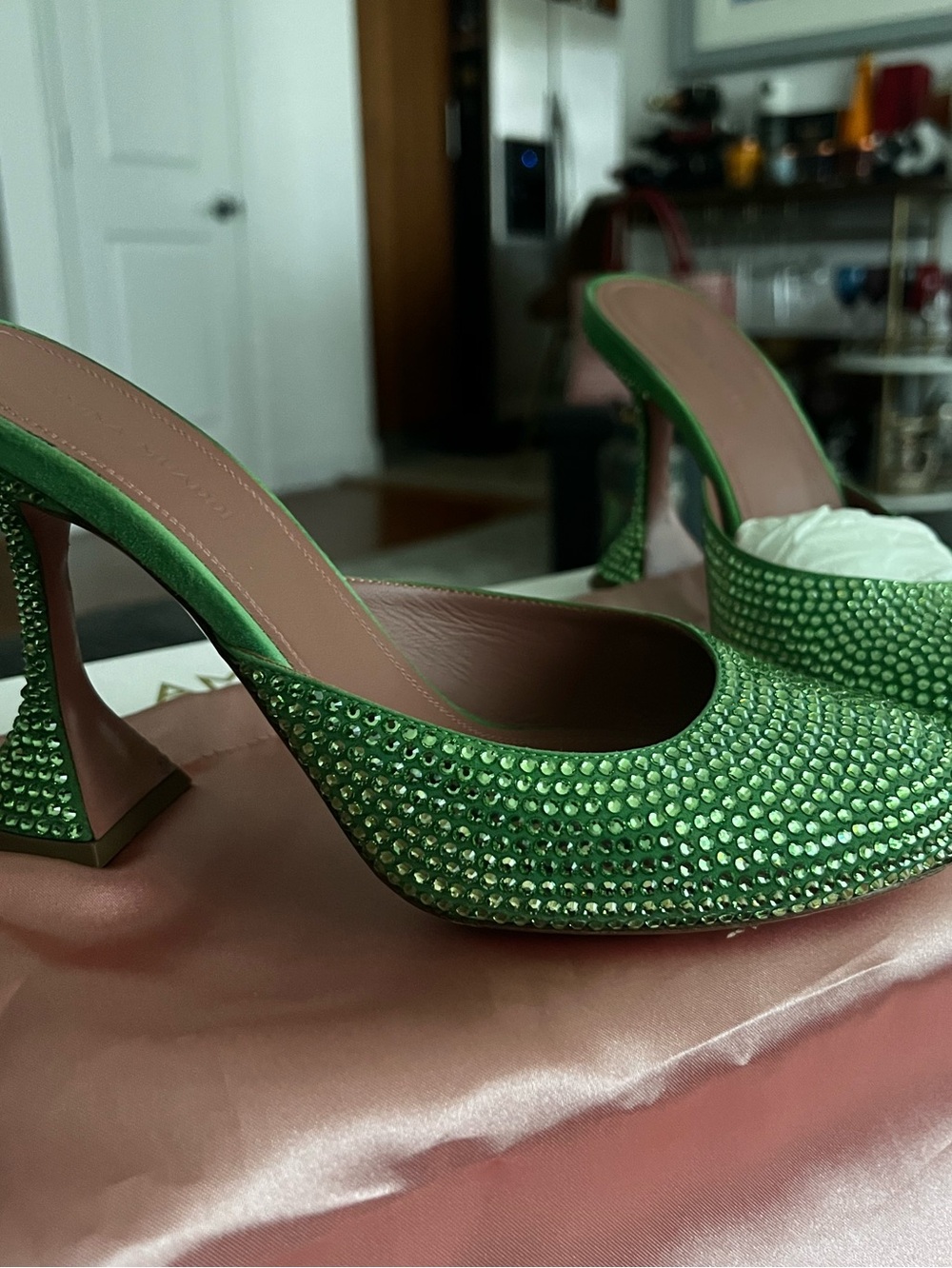 Saks Fifth Avenue Green Crystal-Embellished Mules Amia muaddi